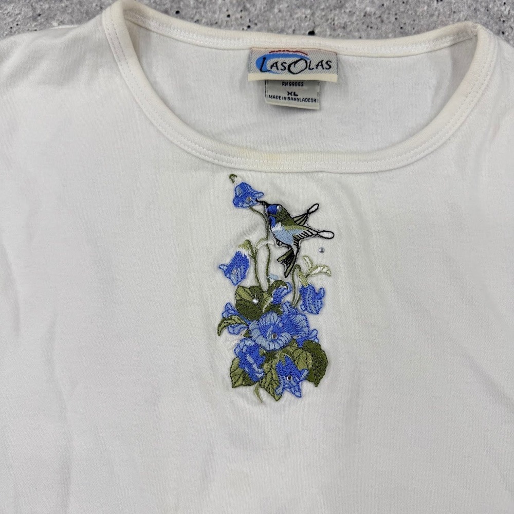 Las Olas White Hummingbird Floral Embroidered Crop Top Cotton Womens XL - Picture 4 of 11
